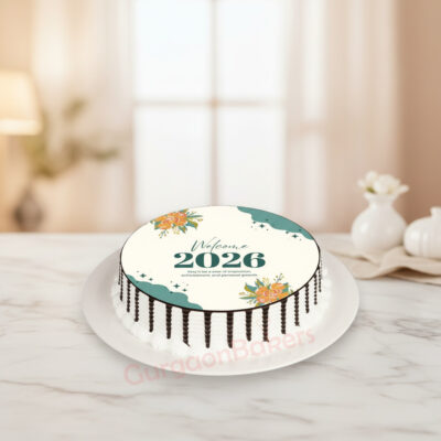 A beautiful New Year theme cake welcoming 2026 with floral decorations