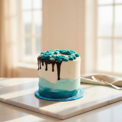Ocean Wave Delight Cake decorated with teal frosting and chocolate drizzle