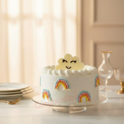 Rainbow Cloud Cake decorated with colorful frosting and a smiling cloud topper.