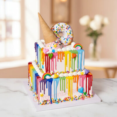 Vibrant rainbow cake with colorful drips and toppings