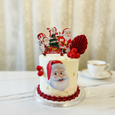 A festive Santa's Delight Christmas cake with decorations featuring Santa and Christmas elements