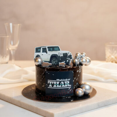 Thar car theme cake with Mahindra Thar topper