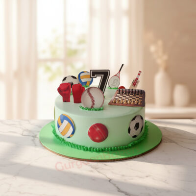 A beautifully designed sports-themed cake featuring various sports decorations