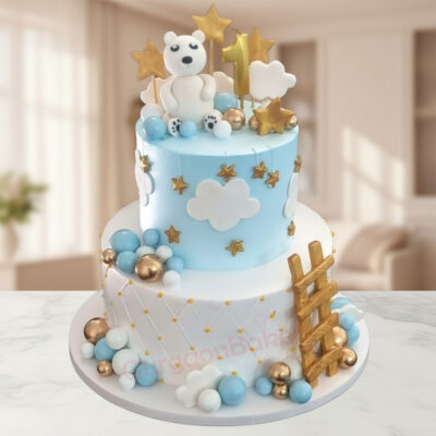 Whimsical Polar Bear Cake with blue and gold decorations