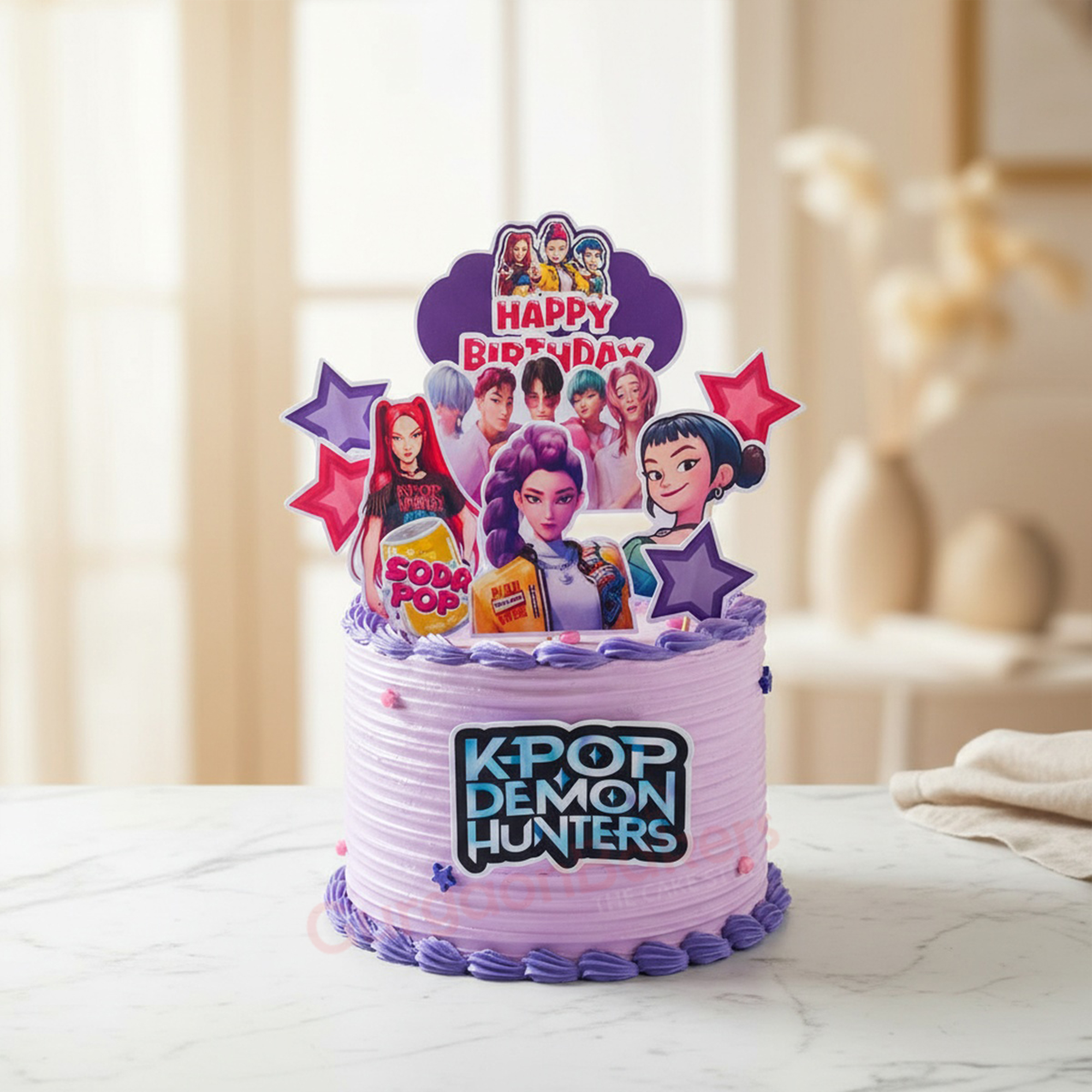 K-Pop Demon Hunters Delight Colorful K-Pop Demon Hunters birthday cake with themed decorations.