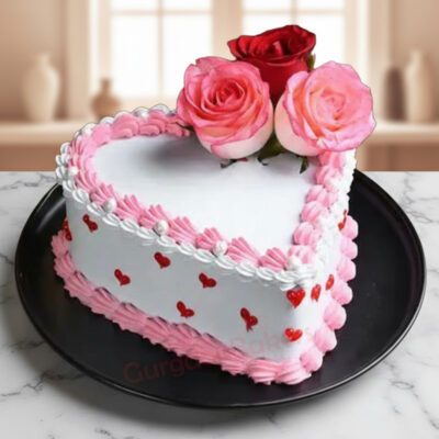 Heart-shaped cake with pink roses for Valentine's Day