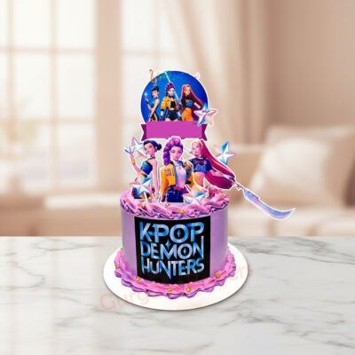 A colorful K-Pop Demon Hunters cake decorated with edible images and stars