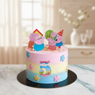Colorful Peppa Pig birthday cake with playful decorations