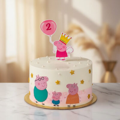Peppa Pig themed birthday cake with colorful decorations