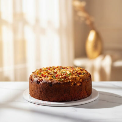 Nutty Delight healthy cake topped with nuts and dried fruits