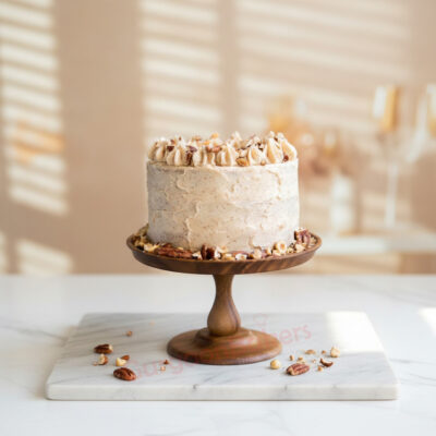 Delightful sugar free pecan cake on a wooden stand