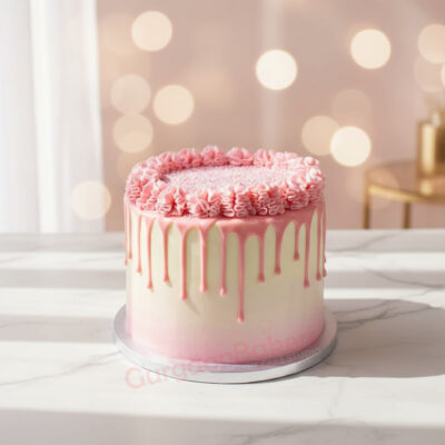 Sugar-free cake with pink drizzle and decorative frosting