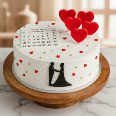 Beautifully designed anniversary date cake with heart decorations and a calendar topper in Gurgaon | Gurgaon Bakers