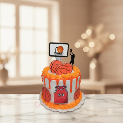 A vibrant basketball theme cake with orange frosting and decorations.