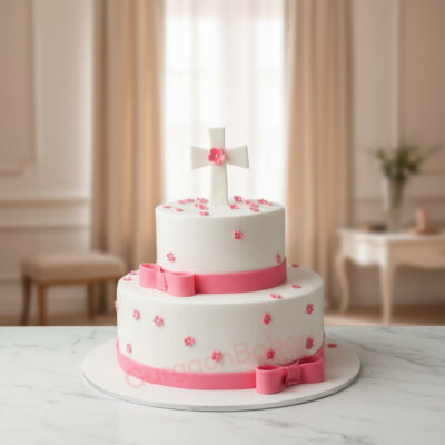 Elegant Christian wedding cake with pink decorations and a cross in Gurgaon | Gurgaon Bakers