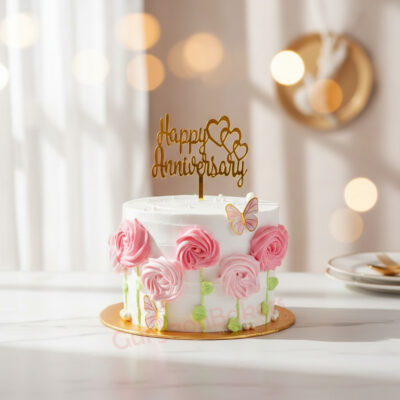 A beautifully decorated custom floral birthday cake with pink roses and butterflies in Gurgaon | Gurgaon Bakers