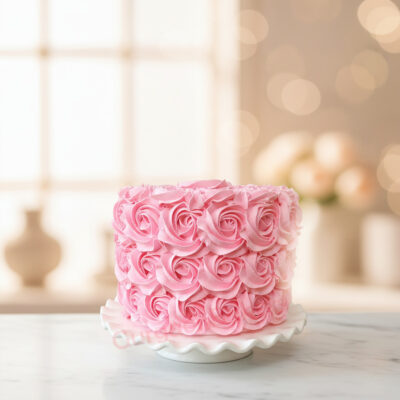 Beautiful pink rose smash birthday cake on a white stand