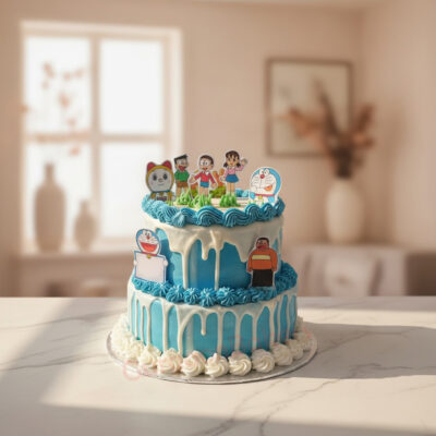 Two-tiered Doraemon birthday cake with colorful decorations and cartoon characters in Gurgaon | Gurgaon Bakers