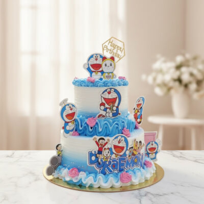 A delightful two-tiered Doraemon-themed birthday cake decorated with characters and pink roses in Gurgaon | Gurgaon Bake