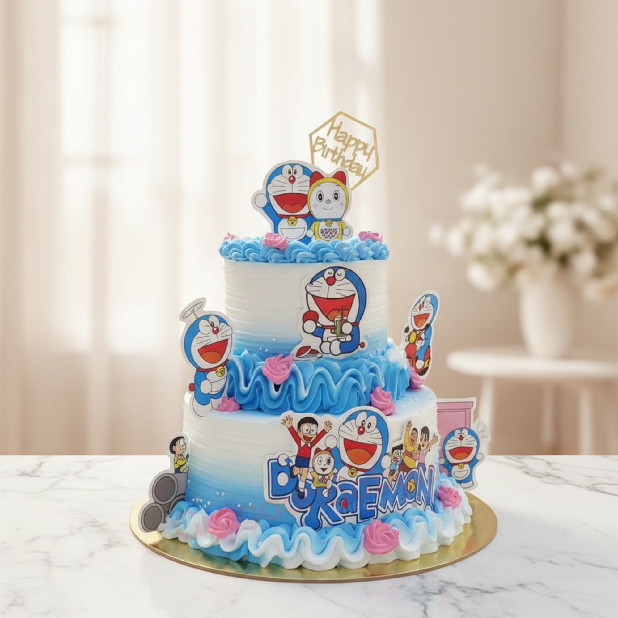 Doraemon Dream Cake A delightful twotiered Doraemonthemed birthday cake decorated with characters and pink roses in Gurgaon | Gurgaon Bake