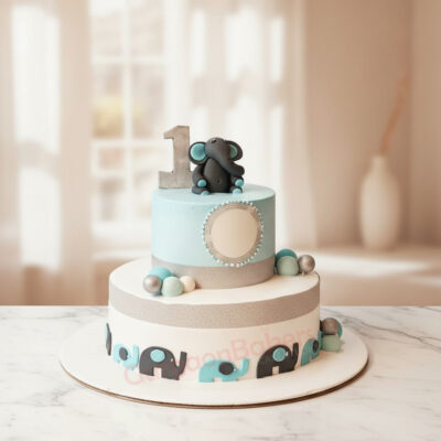 Two-tier elephant theme cake designed with blue and gray accents in Gurgaon | Gurgaon Bakers