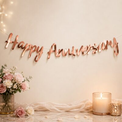 Rose gold metallic Happy Anniversary banner with pink roses and candle decoration for anniversary celebration in Gurgaon