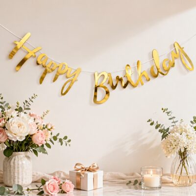 Gold metallic Happy Birthday banner with pink flowers and candle decoration for birthday party in Gurgaon