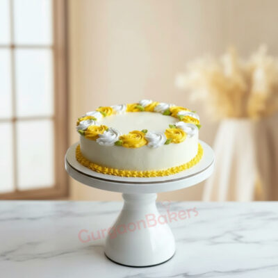 Healthy lemon cake adorned with colorful frosting flowers.