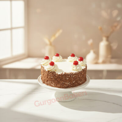 A delicious healthy less cream cake decorated with cherries and whipped cream.