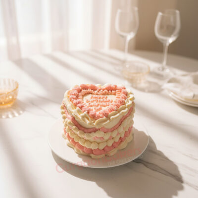 Heart-shaped cake with pink and white frosting saying 'Happy Birthday'