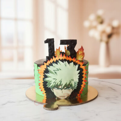 A custom Katsuki Bakugo cake with flames and hero design in Gurgaon | Gurgaon Bakers