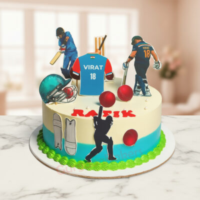 Kohli themed cricket cake decorated with cricket elements