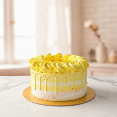 Lemon Dream Healthy Cake with yellow frosting and decorations