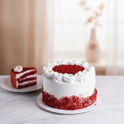 Red velvet cake with white frosting and red velvet crumbs on a white table.