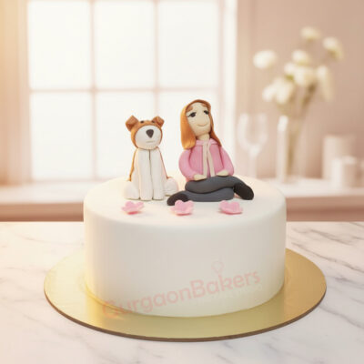 A cake featuring a girl and her pet dog in a cute cartoon design in Gurgaon | Gurgaon Bakers