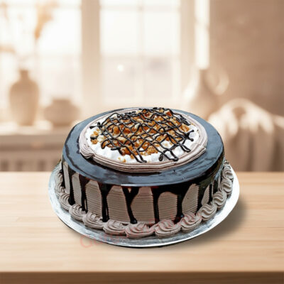 Delicious Nutty Chocolate Cake topped with nuts and chocolate drizzle