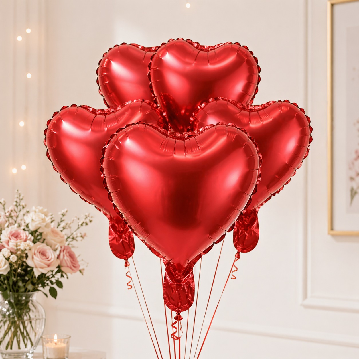 Red Heart Foil Balloons Bundle of red heart shaped foil balloons with red ribbons for romantic anniversary or birthday decoration in Gurgaon