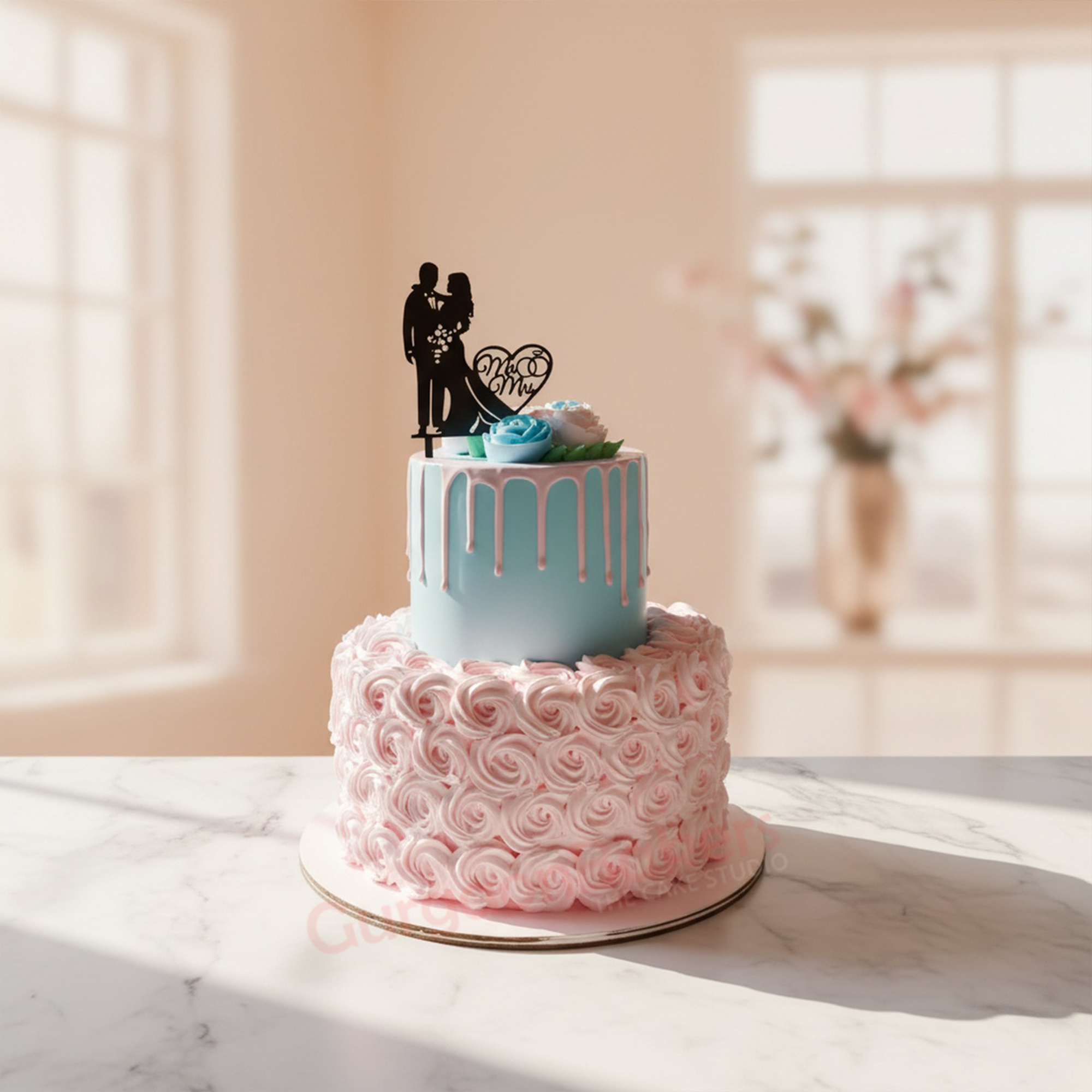 Romantic Floral Wedding Cake A beautifully designed wedding cake featuring a blue and pink color scheme with floral accents in Gurgaon | Gurgaon Bake