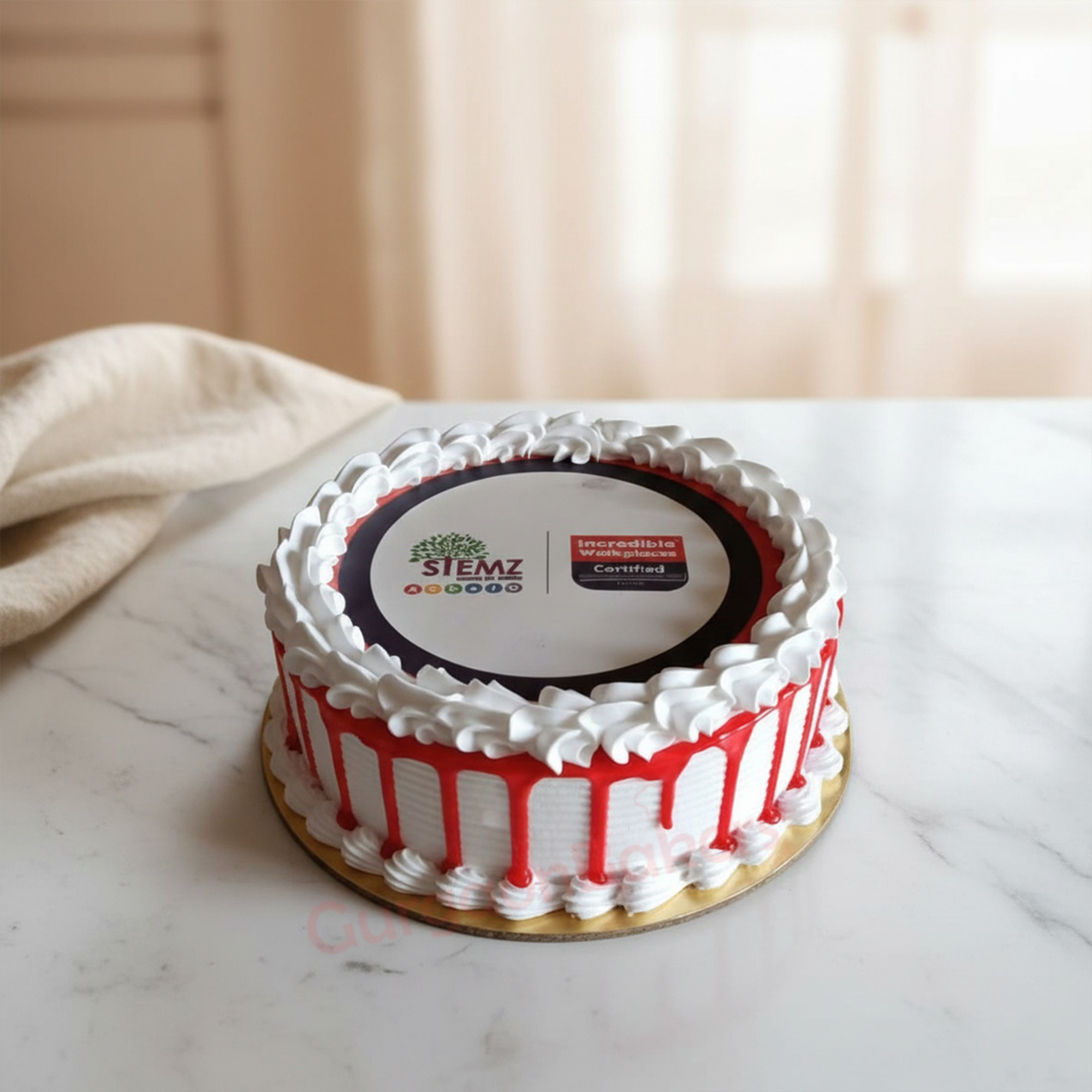 Round Corporate Cake Design Round corporate cake design with white frosting and logo in Gurgaon | Gurgaon Bakers