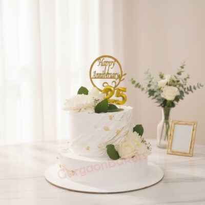 Elegant silver jubilee anniversary cake adorned with flowers and a golden 25 topper in Gurgaon | Gurgaon Bakers