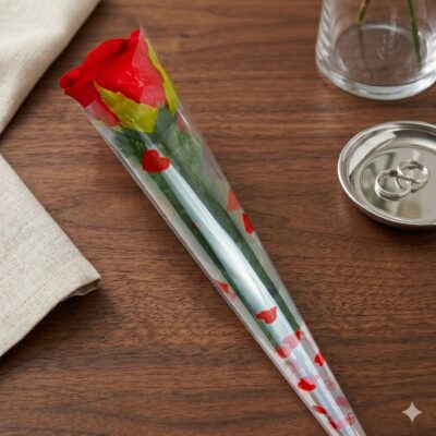 Single fresh red rose wrapped in clear heart print cellophane packaging as a romantic gift add-on for cake delivery in Gurgaon