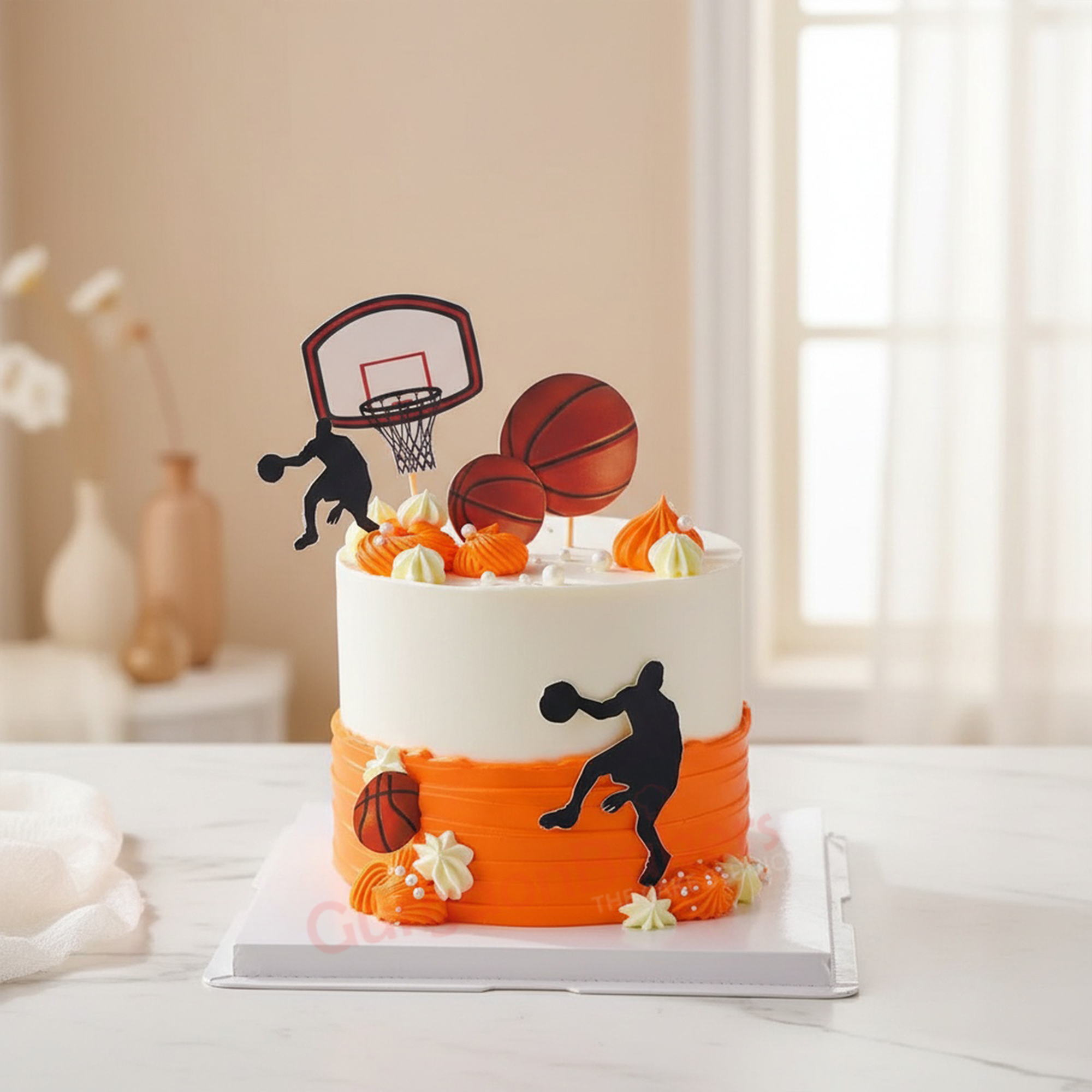Slam Dunk Basketball Cake A vibrant basketball cake decorated with basketballs and a hoop in Gurgaon | Gurgaon Bakers