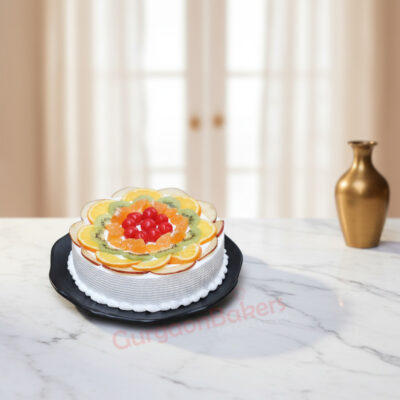 Tropical Fruit Delight Cake with vibrant fruits on top
