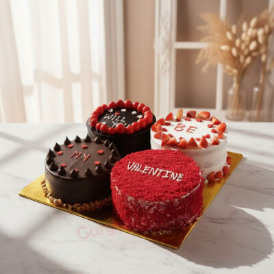 A beautifully arranged set of Valentines Day cakes with strawberries and chocolate frosting in Gurgaon | Gurgaon Bakers