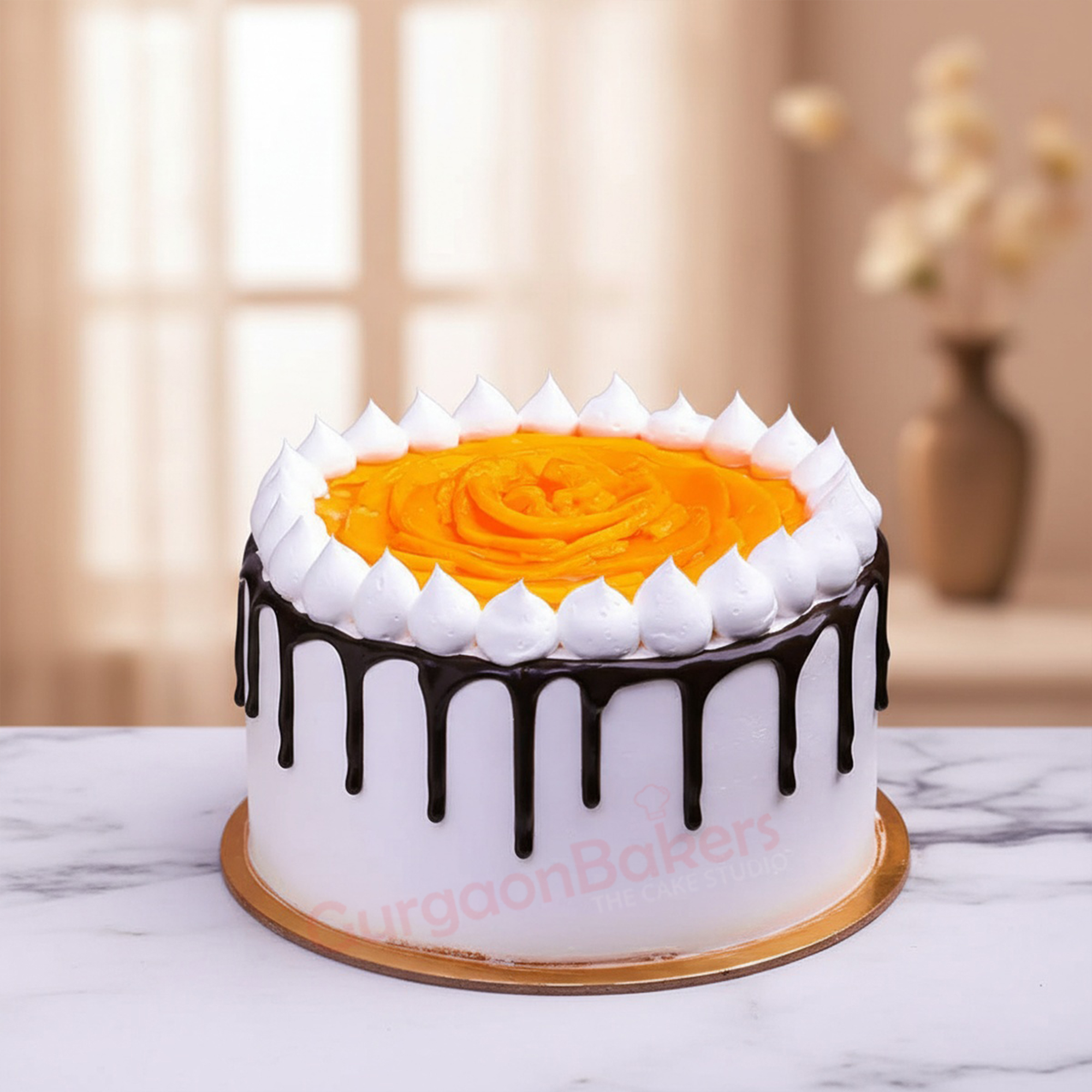 Choco Mango Delight Choco Mango Cake decorated with white icing and mango topping in Gurgaon | Gurgaon Bakers