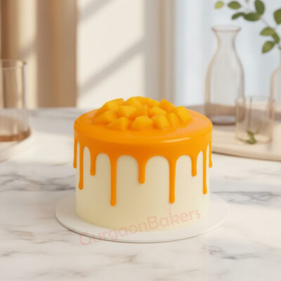 Mango flavour cake with a vibrant orange glaze and mango chunks on top in Gurgaon | Gurgaon Bakers