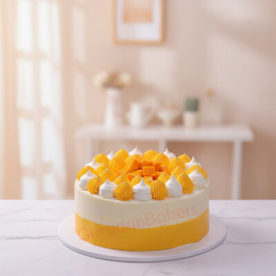 Beautifully decorated mango cake with colorful cream on top in Gurgaon | Gurgaon Bakers