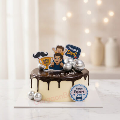A delicious Father's Day cake with chocolate icing and playful toppers in Gurgaon | Gurgaon Bakers