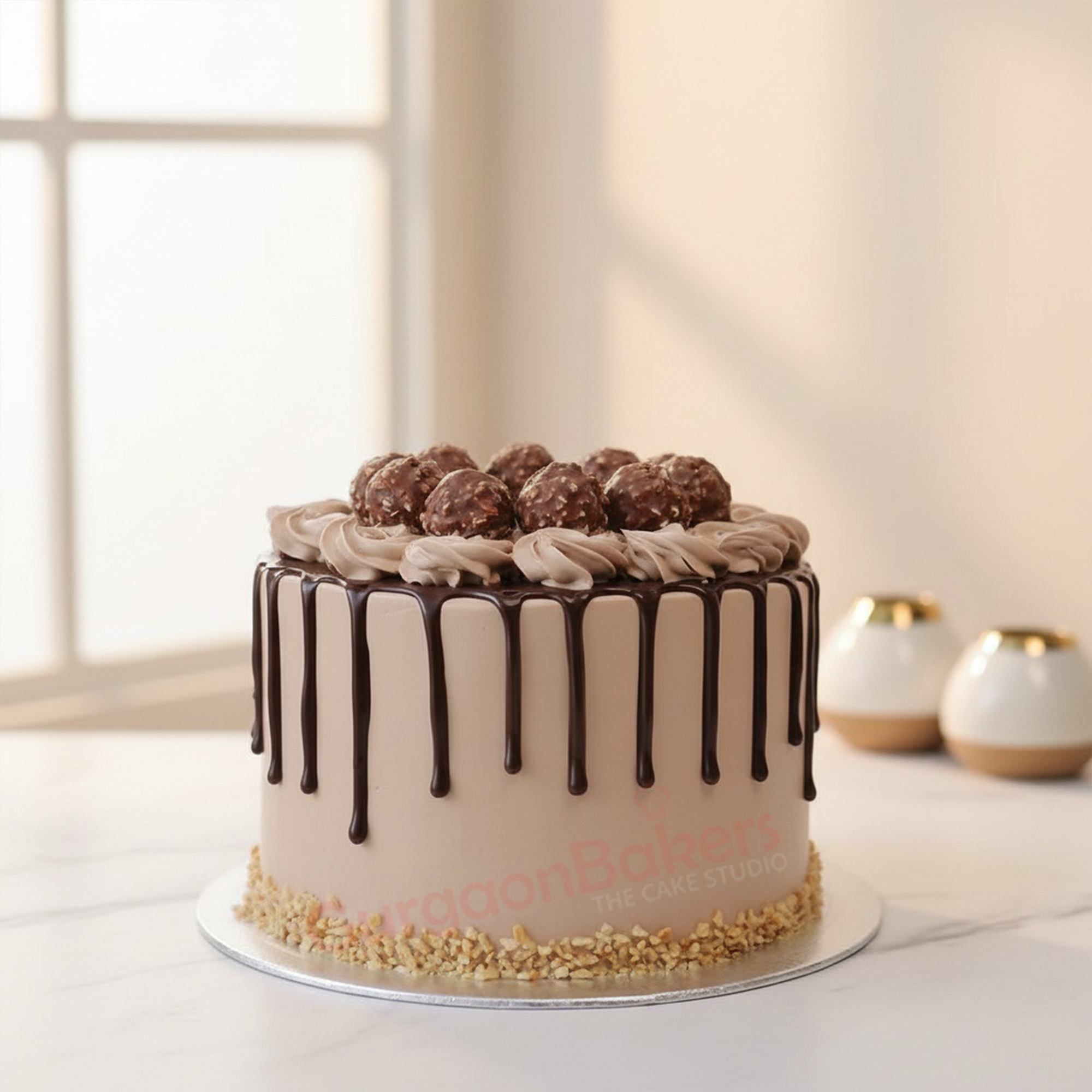 Best Ferrero Rocher Cake A delicious Ferrero Rocher cake topped with chocolate ganache and Ferrero Rocher chocolates in Gurgaon | Gurgaon Bakers