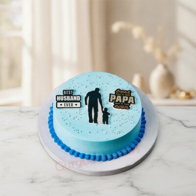 A beautiful blue birthday cake for dad with heartfelt decorations in Gurgaon | Gurgaon Bakers